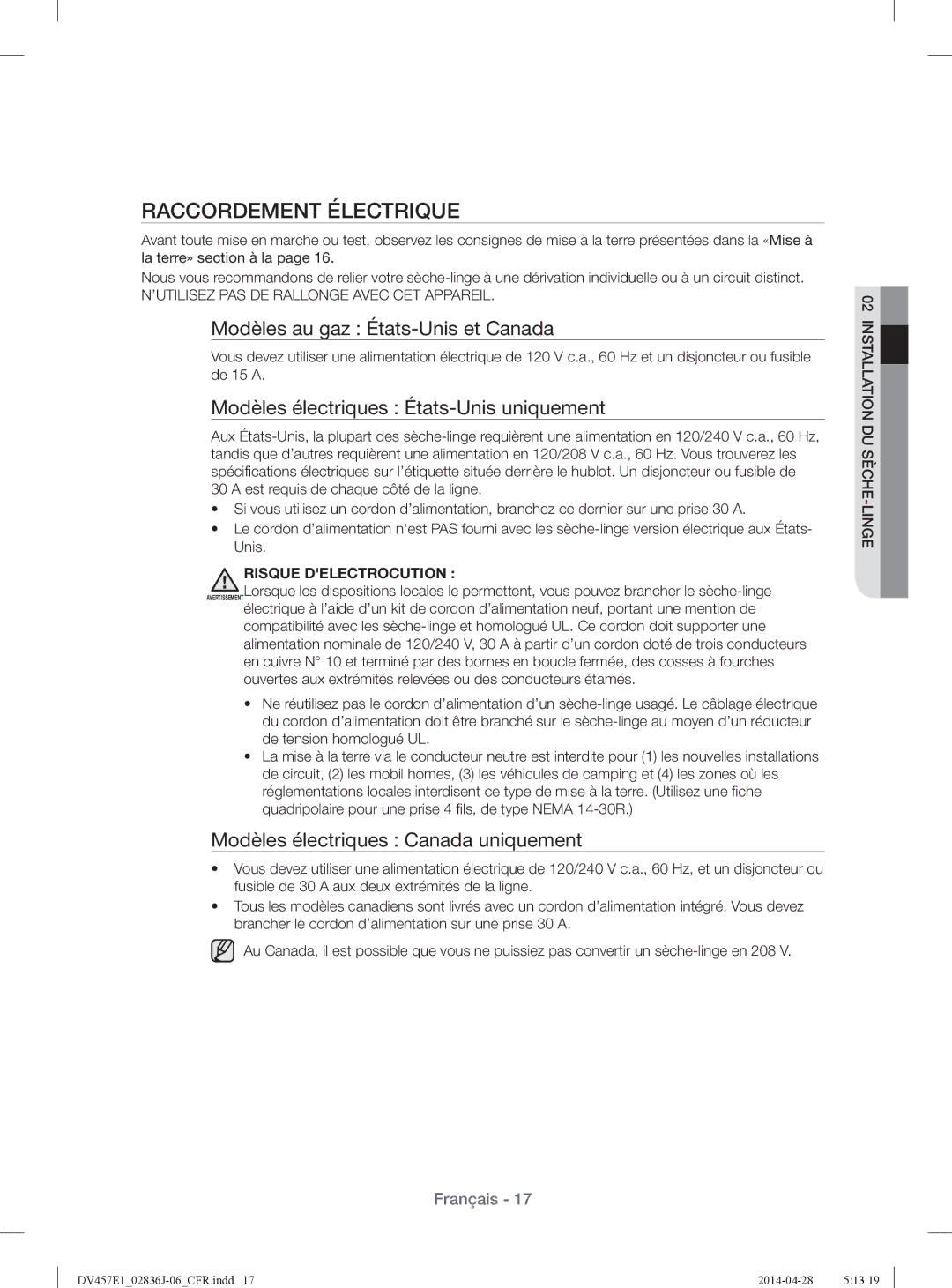 Samsung DV457EVGSGR/AA Raccordement Électrique, Modèles au gaz États-Unis et Canada, Modèles électriques Canada uniquement 