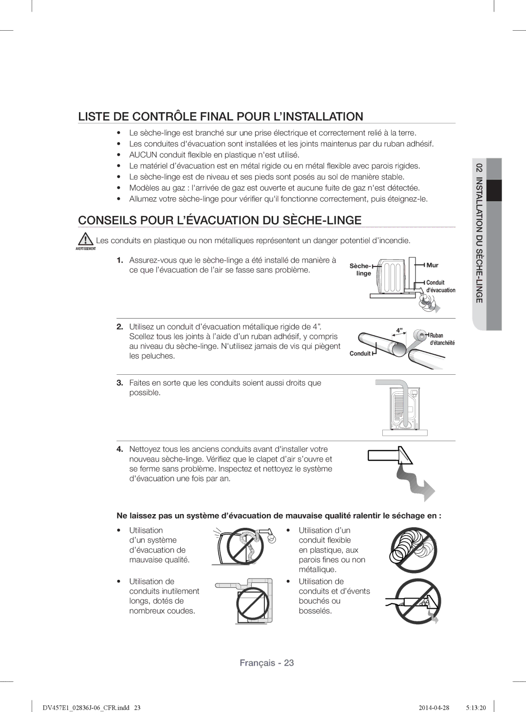 Samsung DV457EVGSGR/AA manual Liste DE Contrôle Final Pour L’INSTALLATION, Conseils Pour L’ÉVACUATION DU SÈCHE-LINGE 