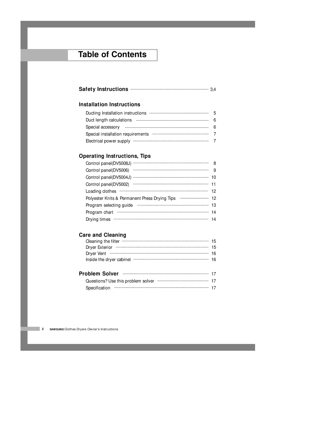 Samsung DV5008JEW3/YFH, DV5008JEW/XSG, DV5008JEW3/XSG, DV5008JFW3/YL, DV5008JFW-YL, DV5008JEW-XSG manual Table of Contents 