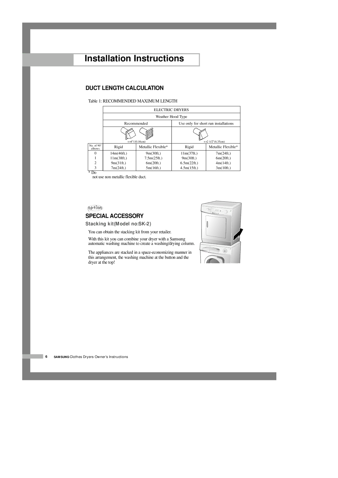 Samsung DV5008JEW/XSG, DV5008JEW3/XSG, DV5008JEW3/YFH, DV5008JFW3/YL, DV5008JFW-YL, DV5008JEW-XSG manual Duct Length Calculation 