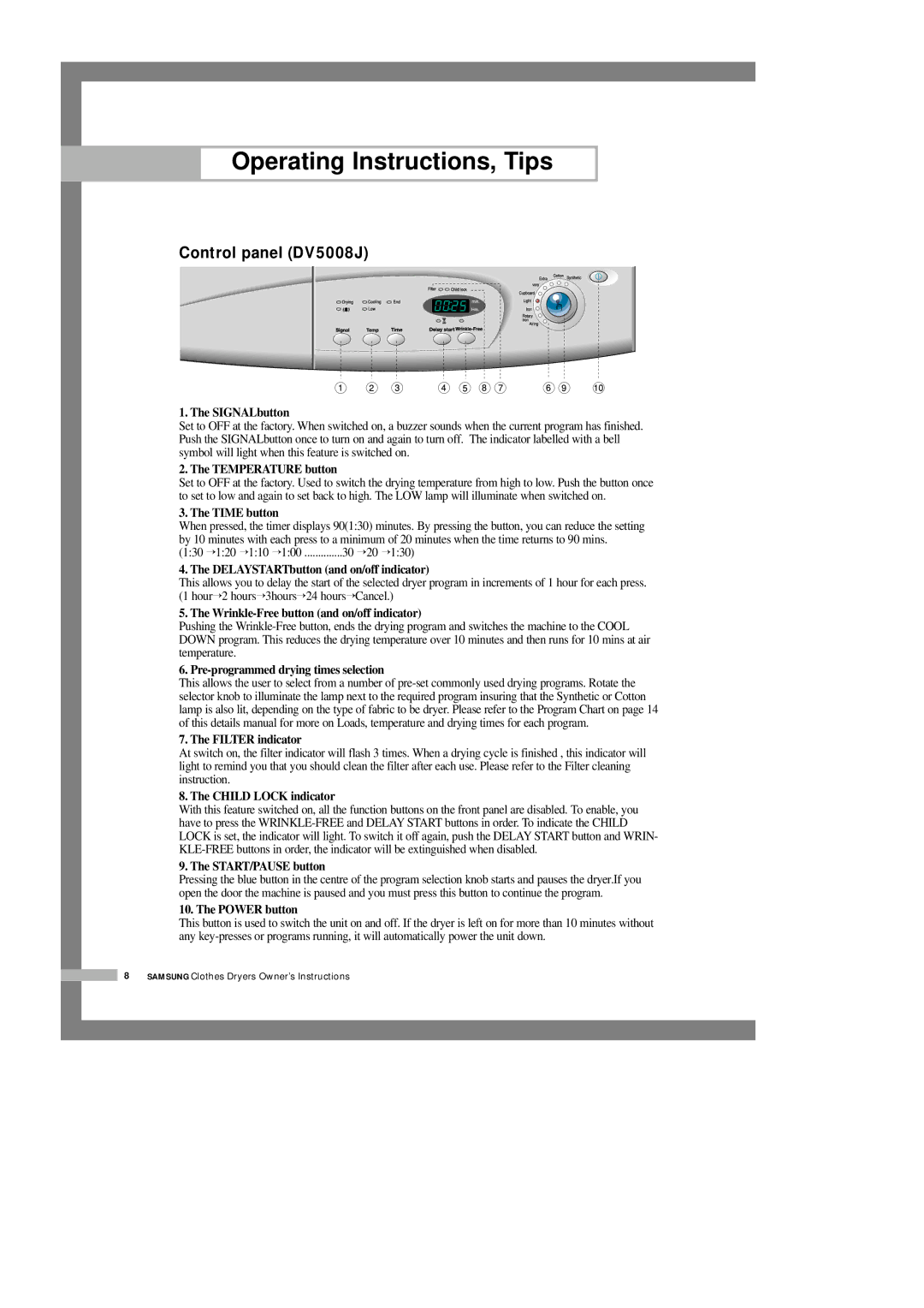 Samsung DV5008JEW3/YFH, DV5008JEW/XSG, DV5008JEW3/XSG, DV5008JFW3/YL Operating Instructions, Tips, Control panel DV5008J 