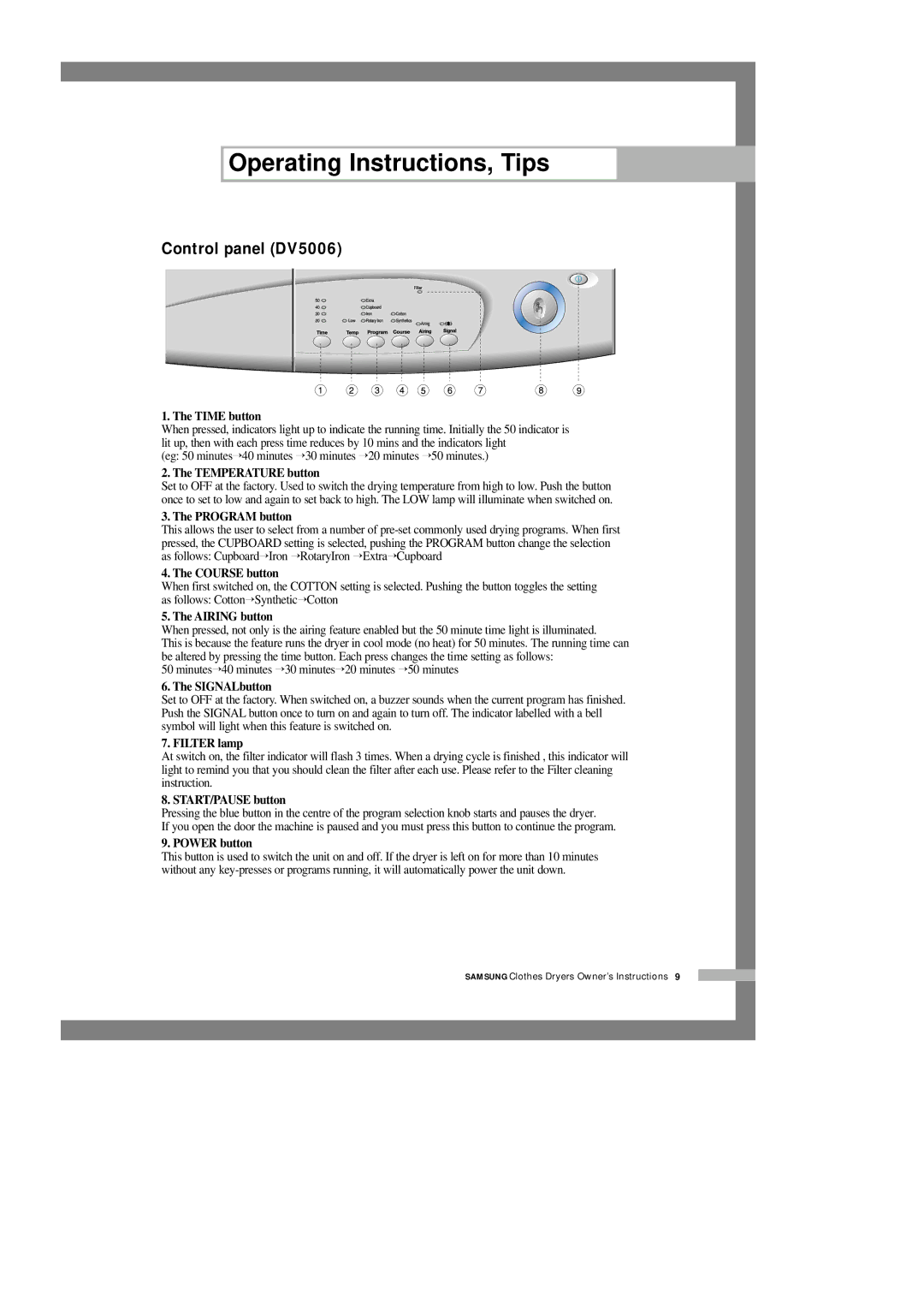 Samsung DV5008JFW3/YL, DV5008JEW/XSG manual Control panel DV5006, Program button, Course button, Airing button, Filter lamp 