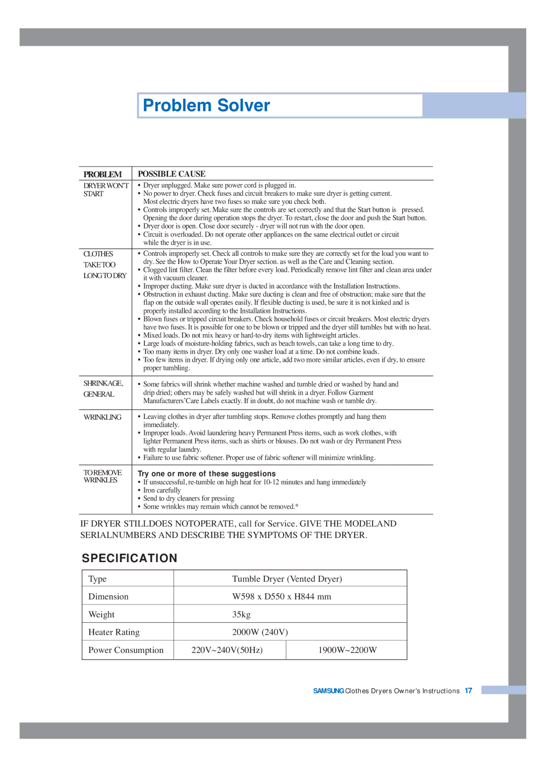 Samsung DV5008JEW-XSG, DV5008JEW/XSG, DV5008JEW3/XSG, DV5008JEW3/YFH, DV5008JFW3/YL manual Problem Solver, Specification 