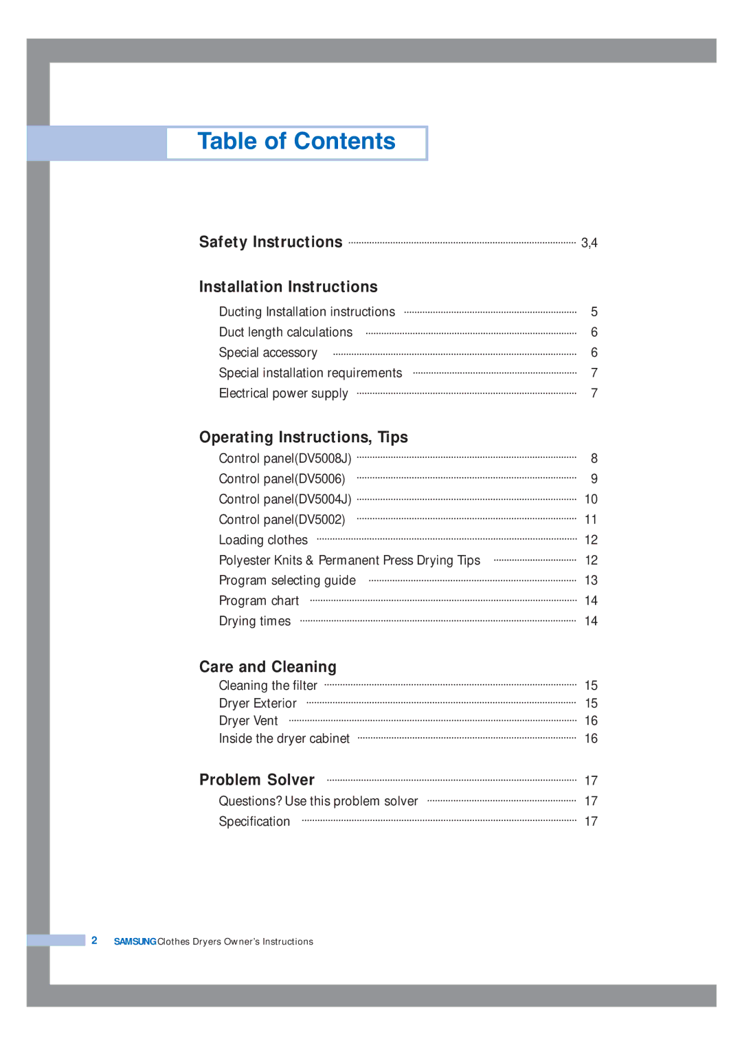 Samsung DV5008JEW3/YFH, DV5008JEW/XSG, DV5008JEW3/XSG, DV5008JFW3/YL, DV5008JFW-YL, DV5008JEW-XSG manual Table of Contents 