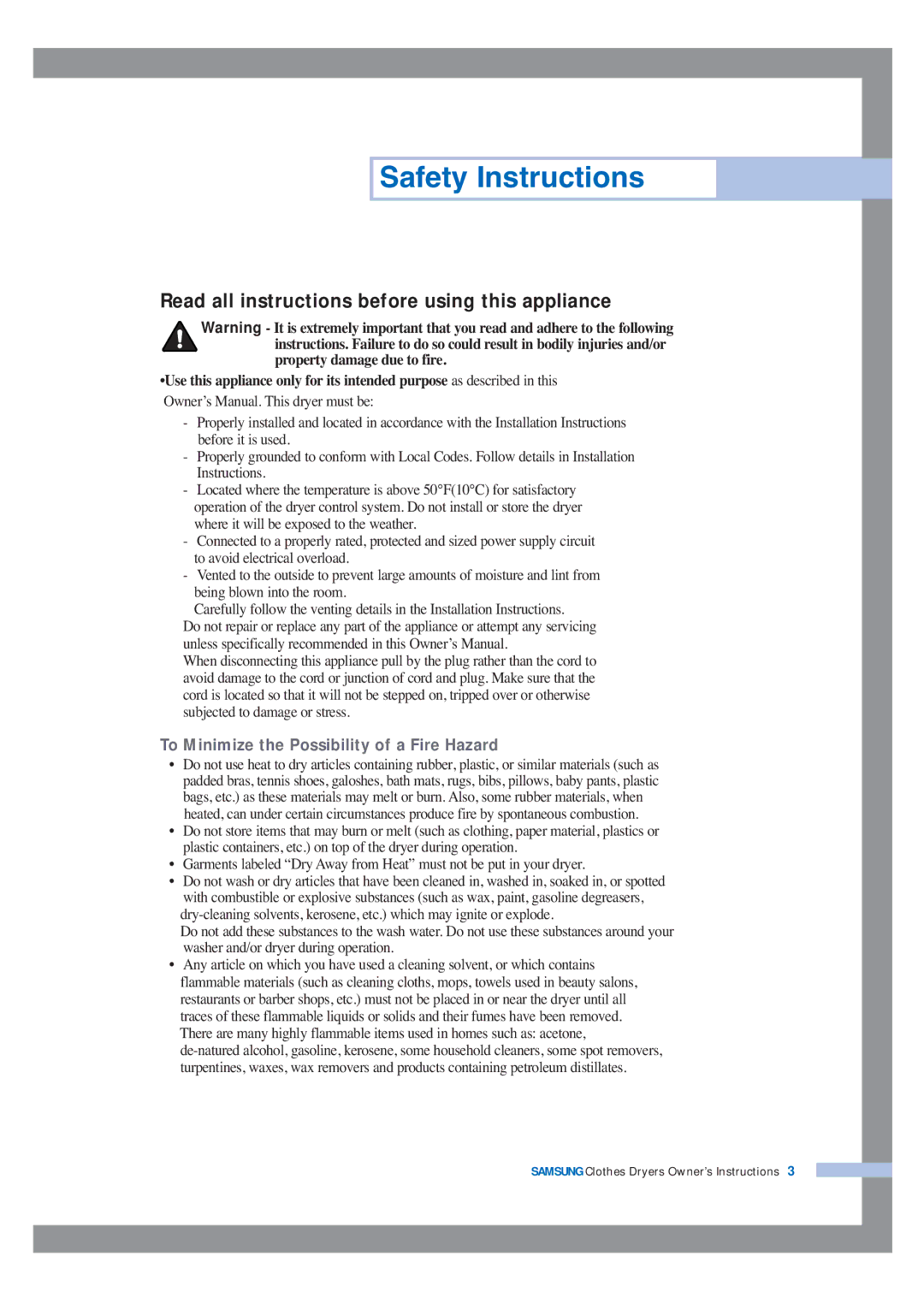 Samsung DV5008JFW3/YL, DV5008JEW/XSG, DV5008JEW3/XSG Safety Instructions, Read all instructions before using this appliance 