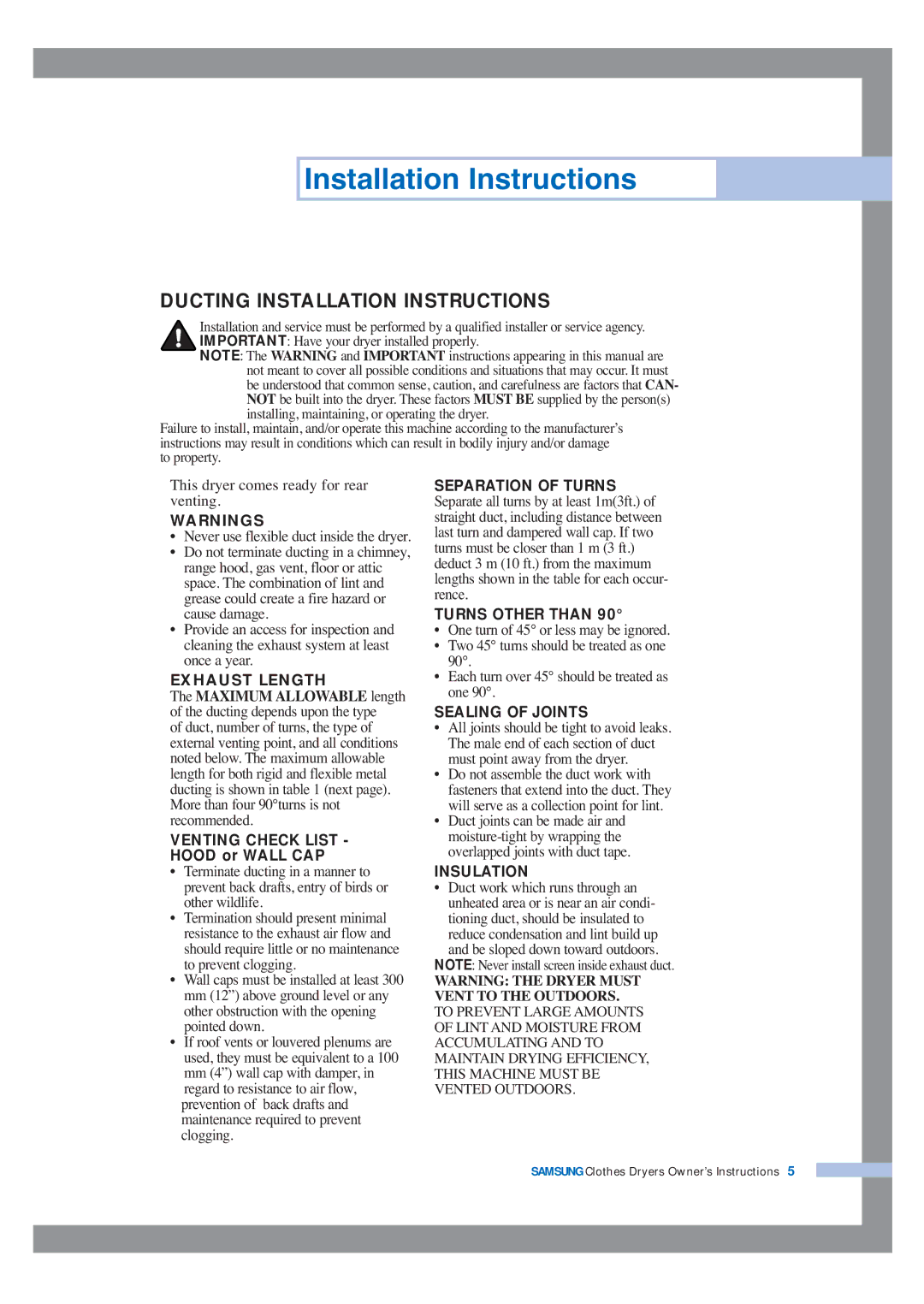 Samsung DV5008JEW-XSG, DV5008JEW/XSG, DV5008JEW3/XSG, DV5008JEW3/YFH, DV5008JFW3/YL Ducting Installation Instructions 