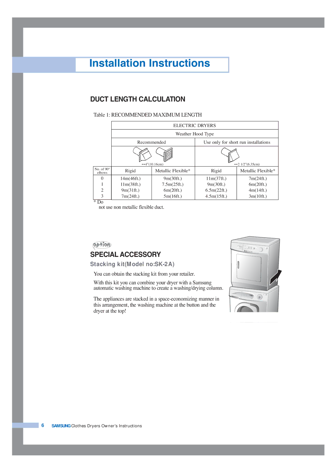 Samsung DV5008JEW/XSG, DV5008JEW3/XSG, DV5008JEW3/YFH, DV5008JFW3/YL, DV5008JFW-YL, DV5008JEW-XSG manual Duct Length Calculation 