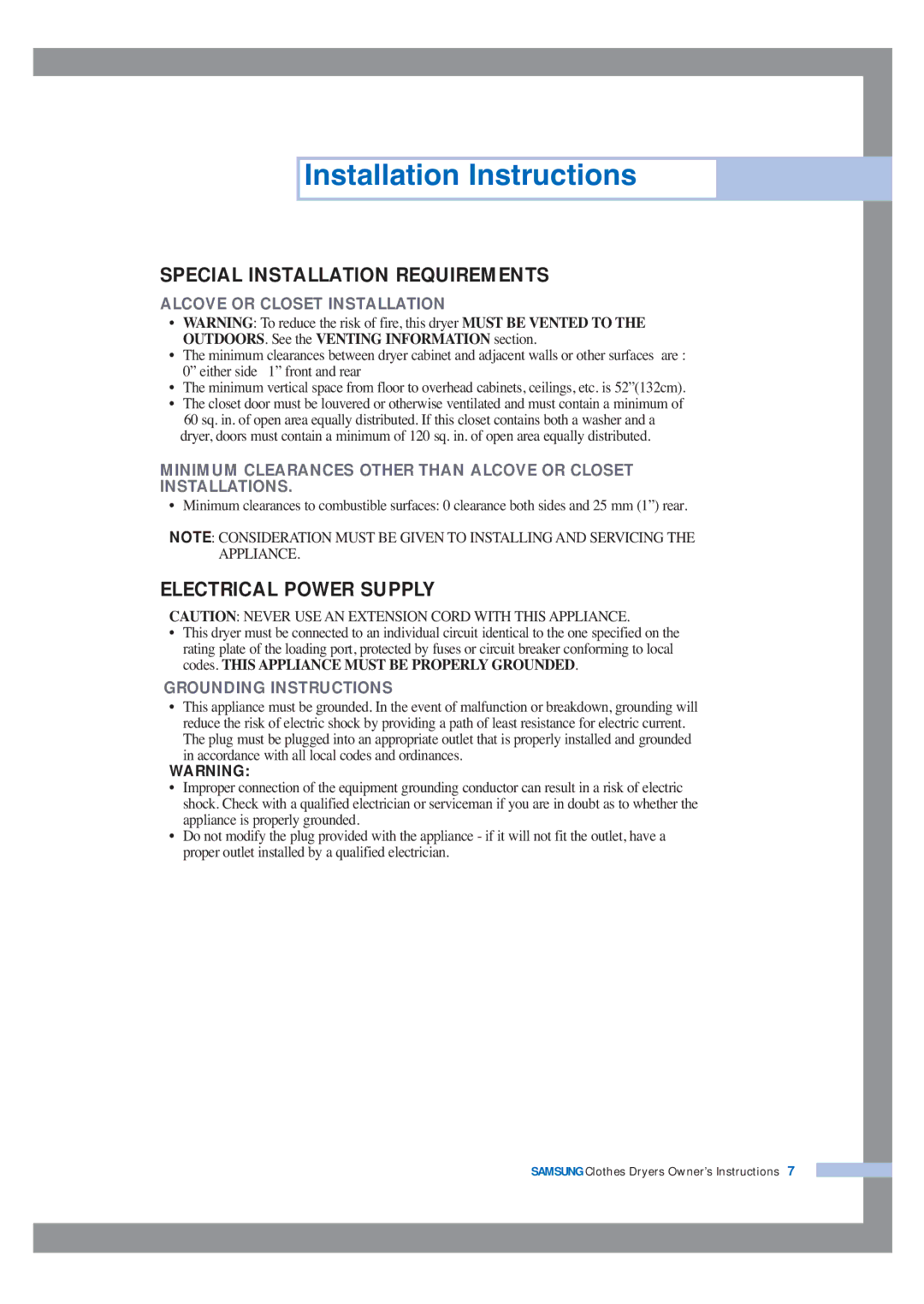 Samsung DV5008JEW3/XSG, DV5008JEW/XSG, DV5008JEW3/YFH manual Special Installation Requirements, Electrical Power Supply 