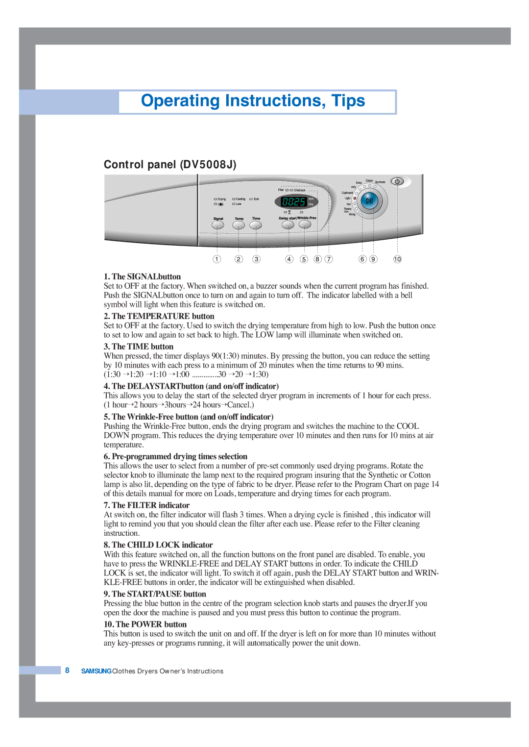 Samsung DV5008JEW3/YFH, DV5008JEW/XSG, DV5008JEW3/XSG, DV5008JFW3/YL Operating Instructions, Tips, Control panel DV5008J 