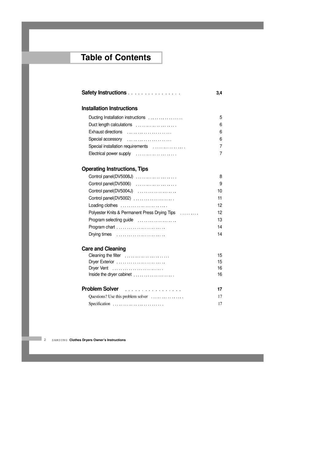 Samsung DV5008JEW/XSG manual Table of Contents 