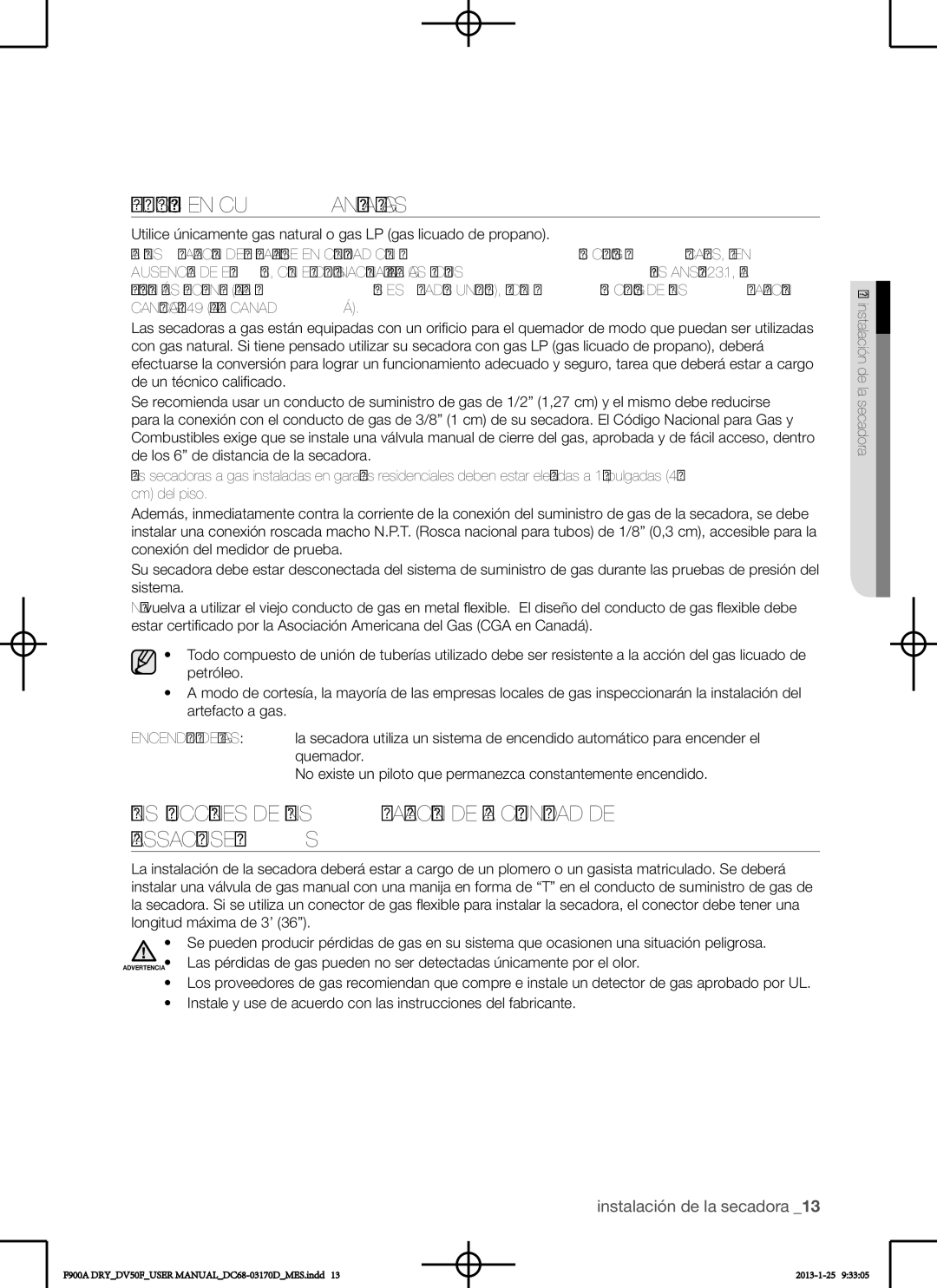 Samsung DV50F9A8EVW, DV50F9A8EVP, DV50F9A8GVW user manual Requisitos en cuanto al gas 