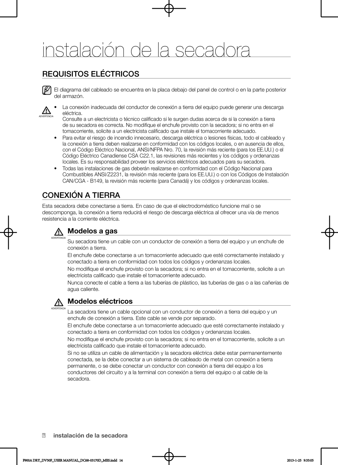 Samsung DV50F9A8EVP, DV50F9A8GVW, DV50F9A8EVW Requisitos eléctricos, Conexión a tierra, Modelos a gas, Modelos eléctricos 