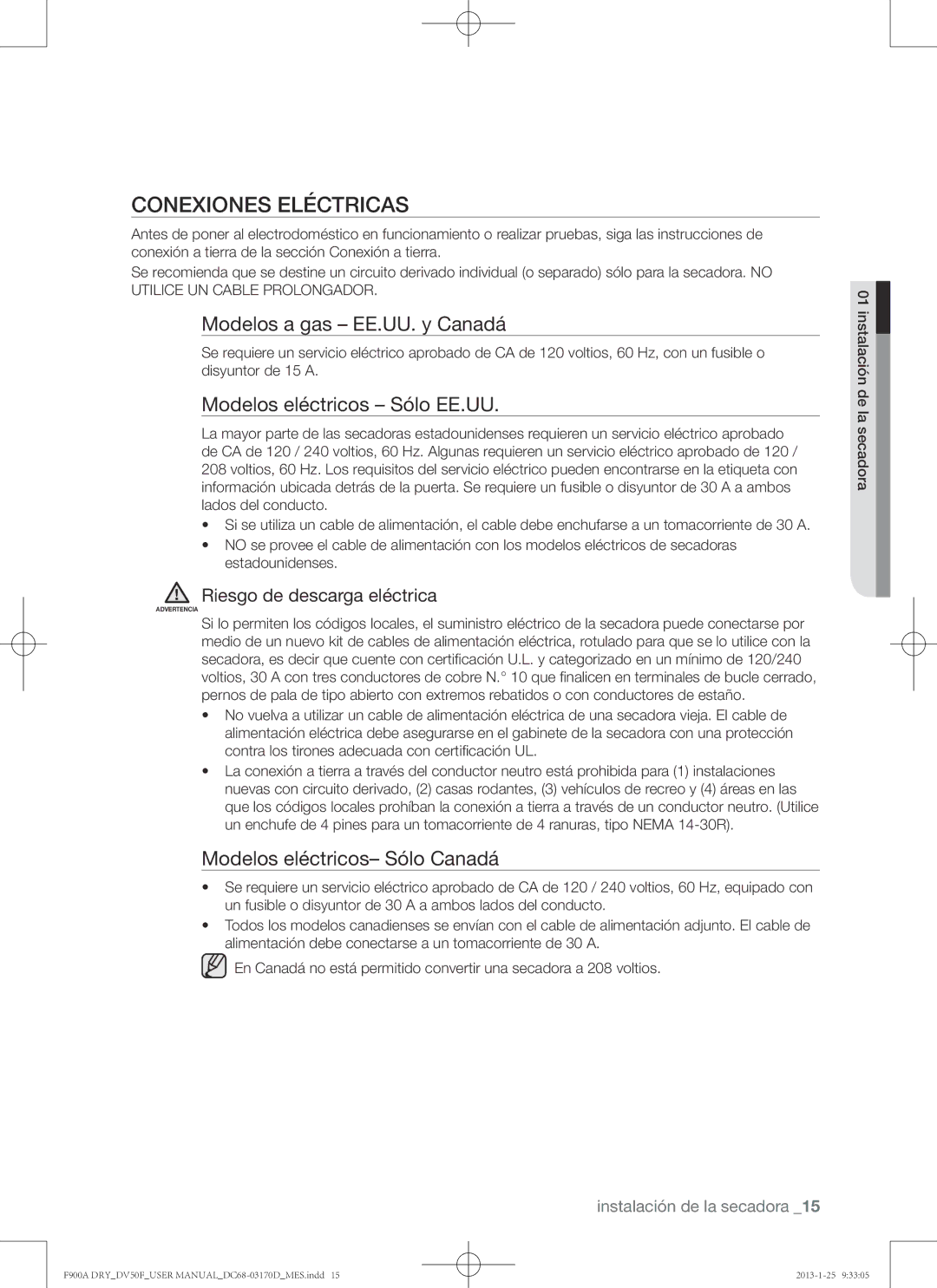 Samsung DV50F9A8GVW, DV50F9A8EVP Conexiones eléctricas, Modelos a gas EE.UU. y Canadá, Modelos eléctricos Sólo EE.UU 