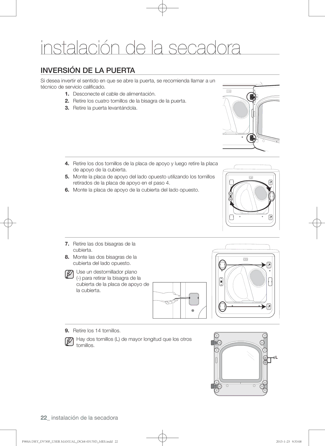 Samsung DV50F9A8EVW, DV50F9A8EVP, DV50F9A8GVW user manual Inversión de la puerta 