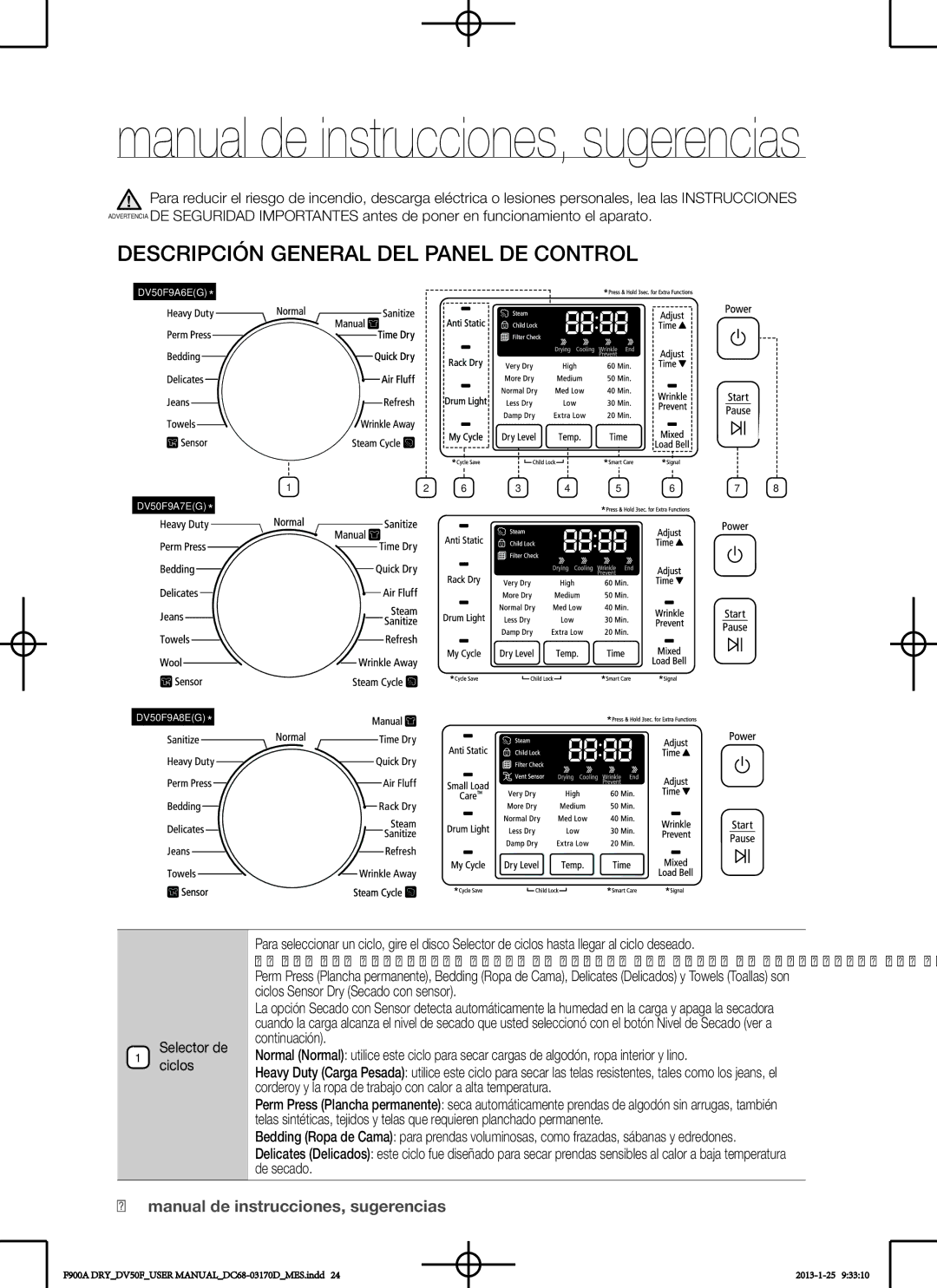 Samsung DV50F9A8GVW Descripción general del panel de control, Manual de instrucciones, sugerencias, Selector de Ciclos 