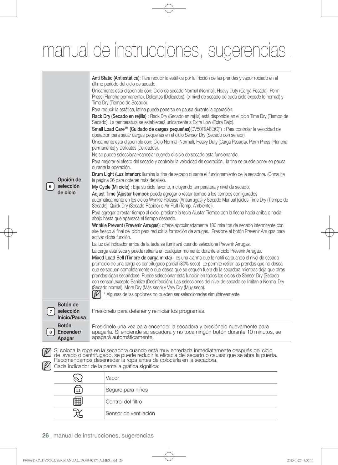 Samsung DV50F9A8EVP, DV50F9A8GVW, DV50F9A8EVW user manual Opción de, De ciclo, Inicio/Pausa Botón 