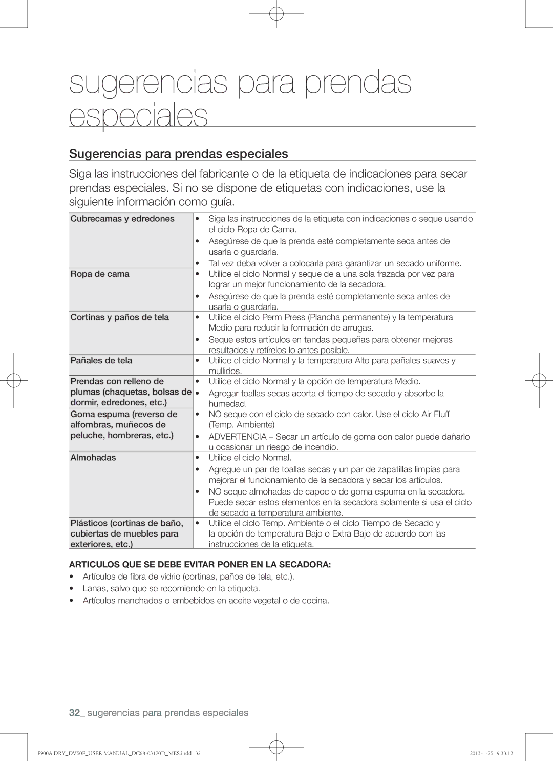 Samsung DV50F9A8EVP, DV50F9A8GVW Sugerencias para prendas especiales, Articulos QUE SE Debe Evitar Poner EN LA Secadora 