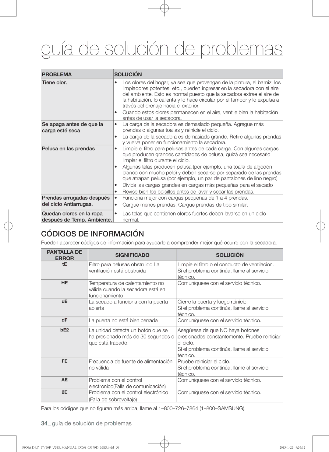 Samsung DV50F9A8EVW, DV50F9A8EVP Guía de solución de problemas, Códigos de información, 34 guía de solución de problemas 