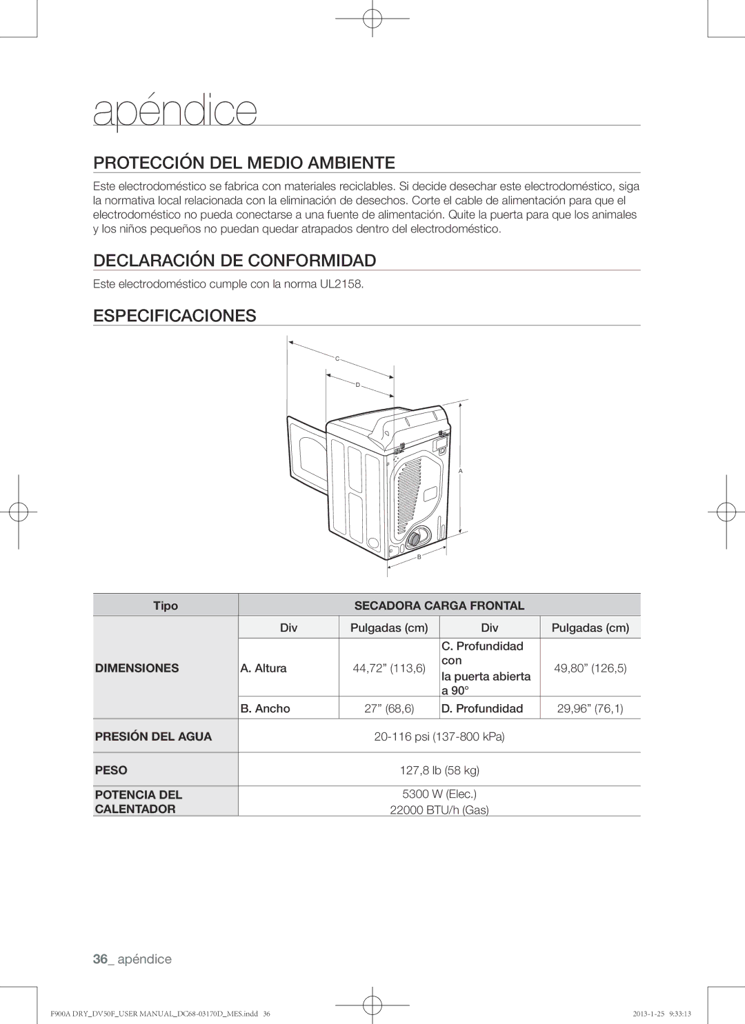 Samsung DV50F9A8GVW, DV50F9A8EVP Protección del medio ambiente, Declaración de conformidad, Especificaciones, 36 apéndice 