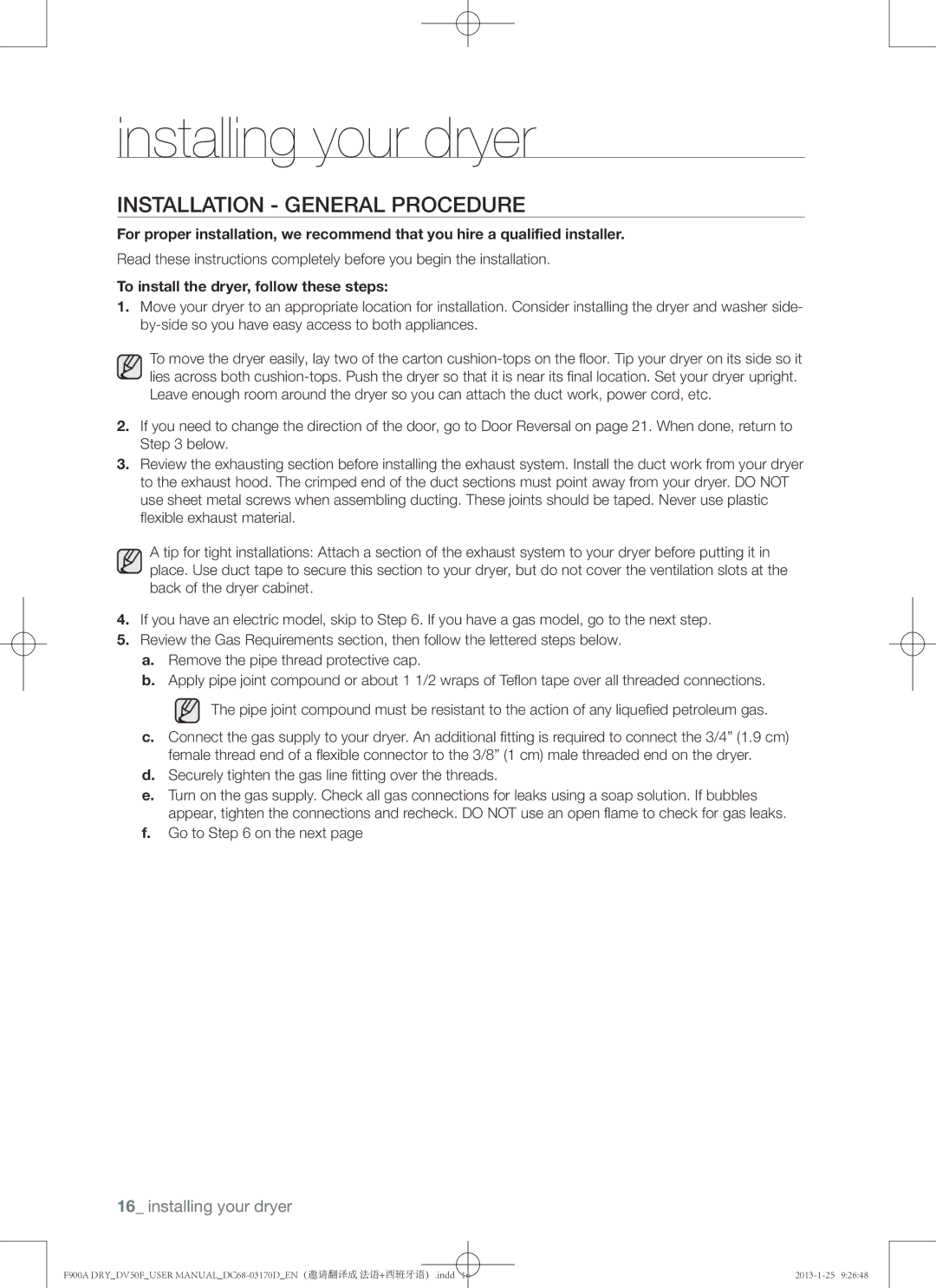 Samsung DV50F9A8GVW user manual Installation General procedure, To install the dryer, follow these steps, Go to on the next 