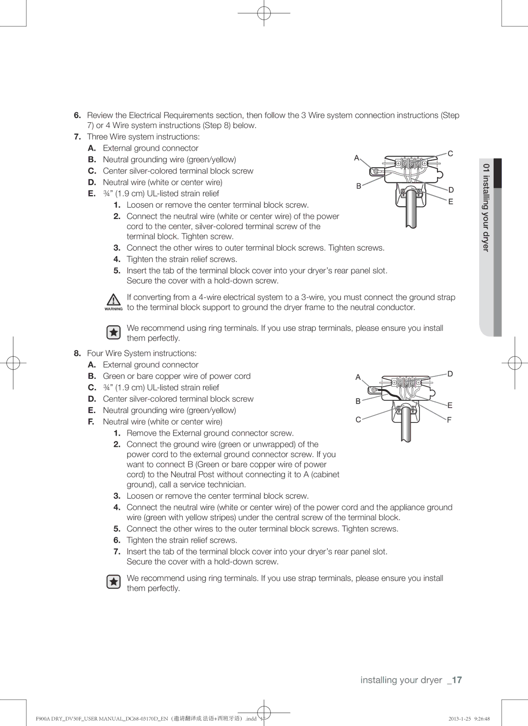 Samsung DV50F9A8EVW, DV50F9A8EVP, DV50F9A8GVW user manual Three Wire system instructions A. External ground connector 