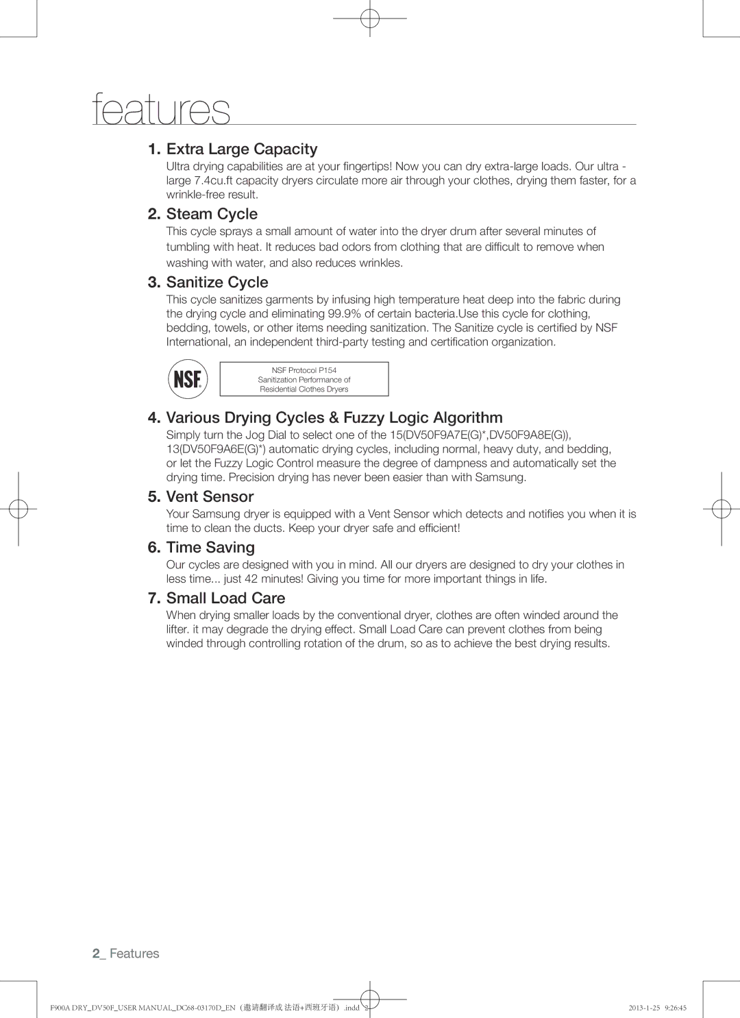 Samsung DV50F9A8EVW, DV50F9A8EVP, DV50F9A8GVW user manual Features 