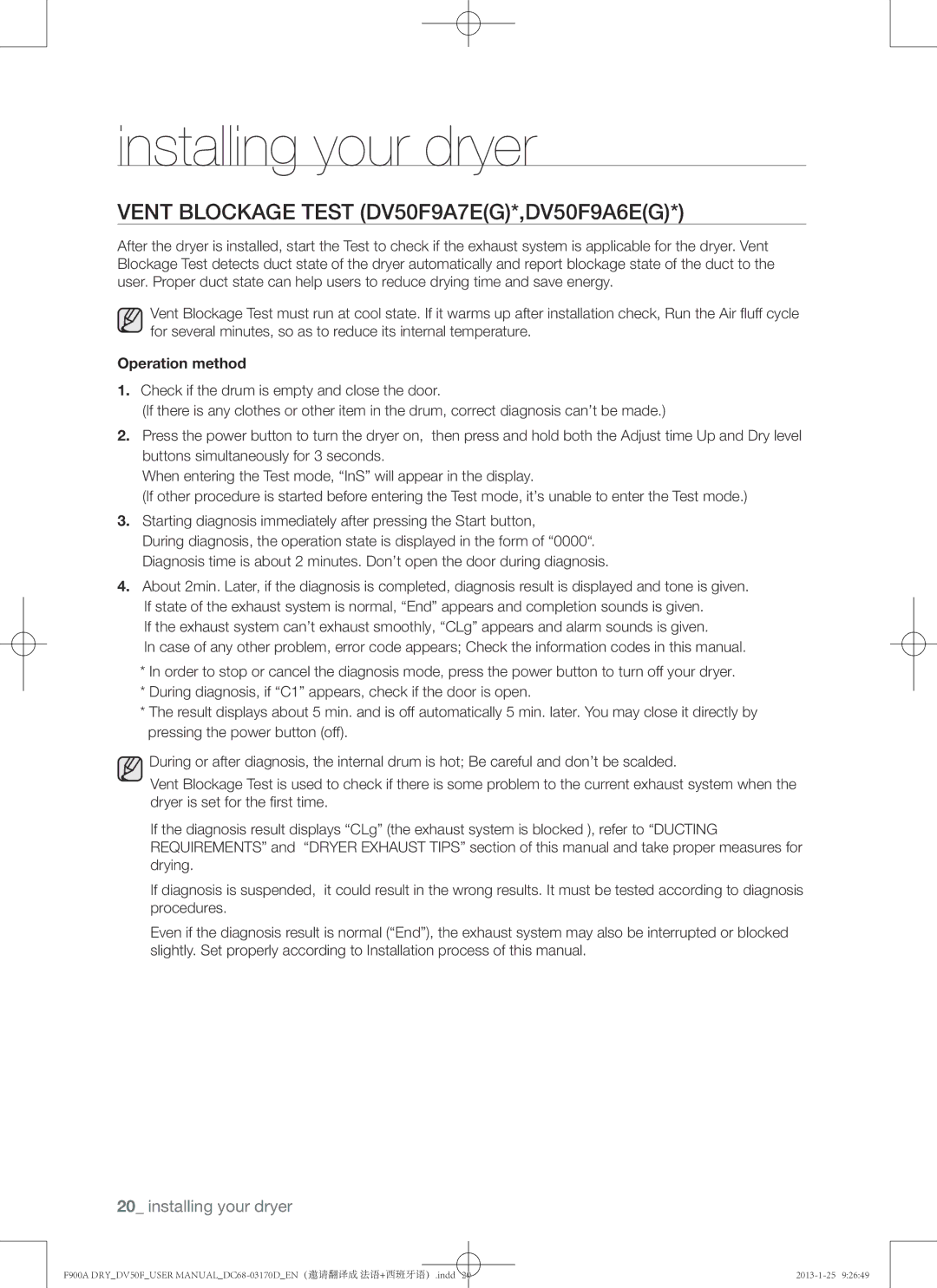 Samsung DV50F9A8EVW, DV50F9A8EVP, DV50F9A8GVW user manual Vent blockage test DV50F9A7EG*,DV50F9A6EG, Operation method 