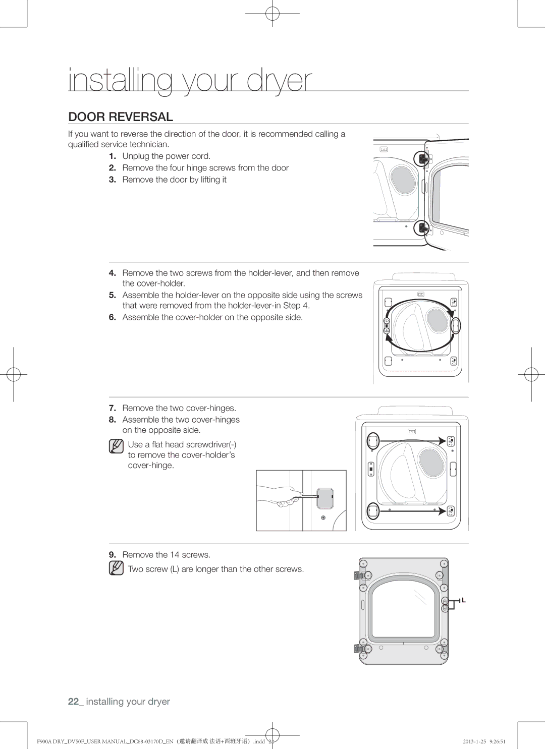 Samsung DV50F9A8GVW, DV50F9A8EVP, DV50F9A8EVW user manual Door Reversal 