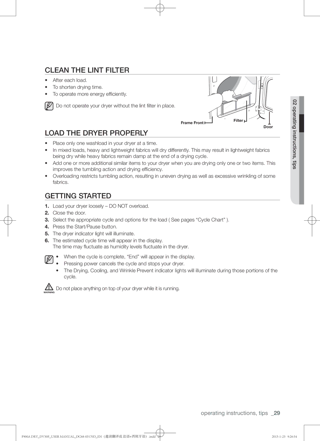 Samsung DV50F9A8EVW, DV50F9A8EVP, DV50F9A8GVW user manual Clean the lint filter, Load the dryer properly, Getting started 