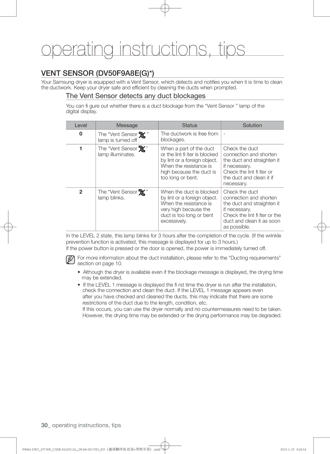 Samsung DV50F9A8EVP, DV50F9A8GVW, DV50F9A8EVW user manual Vent Sensor DV50F9A8EG, Vent Sensor detects any duct blockages 