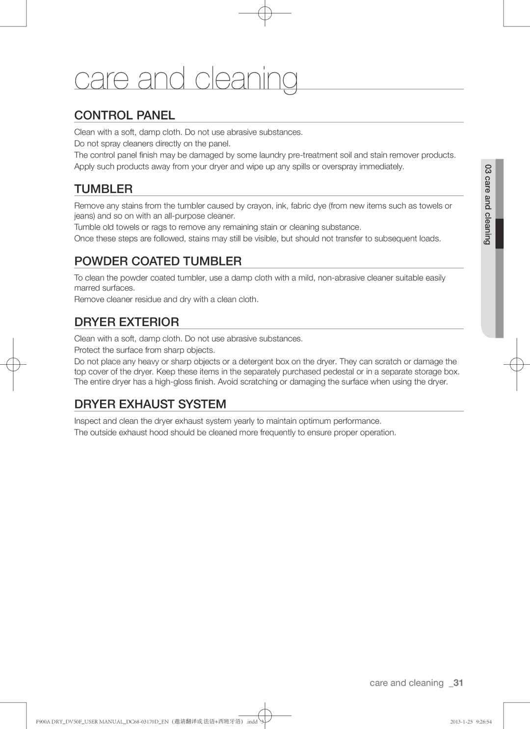 Samsung DV50F9A8GVW, DV50F9A8EVP, DV50F9A8EVW user manual Care and cleaning 