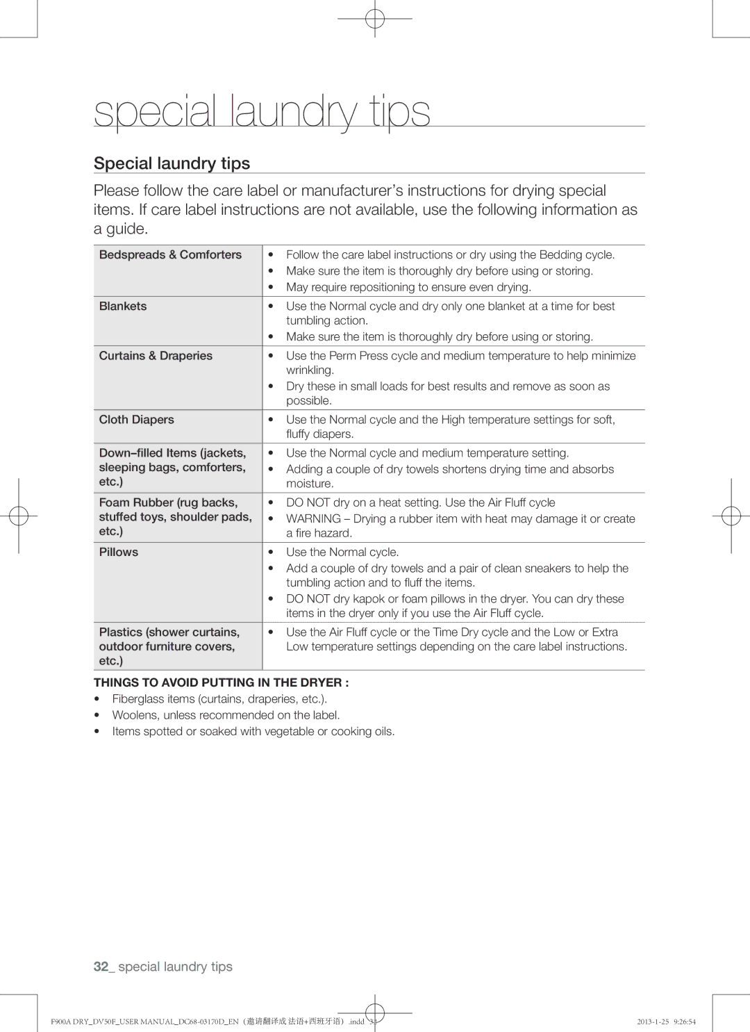 Samsung DV50F9A8EVW, DV50F9A8EVP, DV50F9A8GVW user manual Special laundry tips, Things to Avoid Putting in the Dryer 