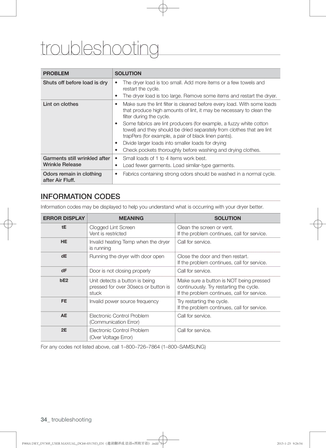 Samsung DV50F9A8GVW, DV50F9A8EVP, DV50F9A8EVW user manual Information codes, Error Display Meaning Solution 