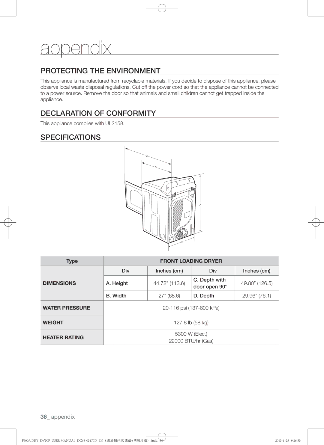 Samsung DV50F9A8EVP, DV50F9A8GVW, DV50F9A8EVW Protecting the environment, Declaration of conformity, Specifications 