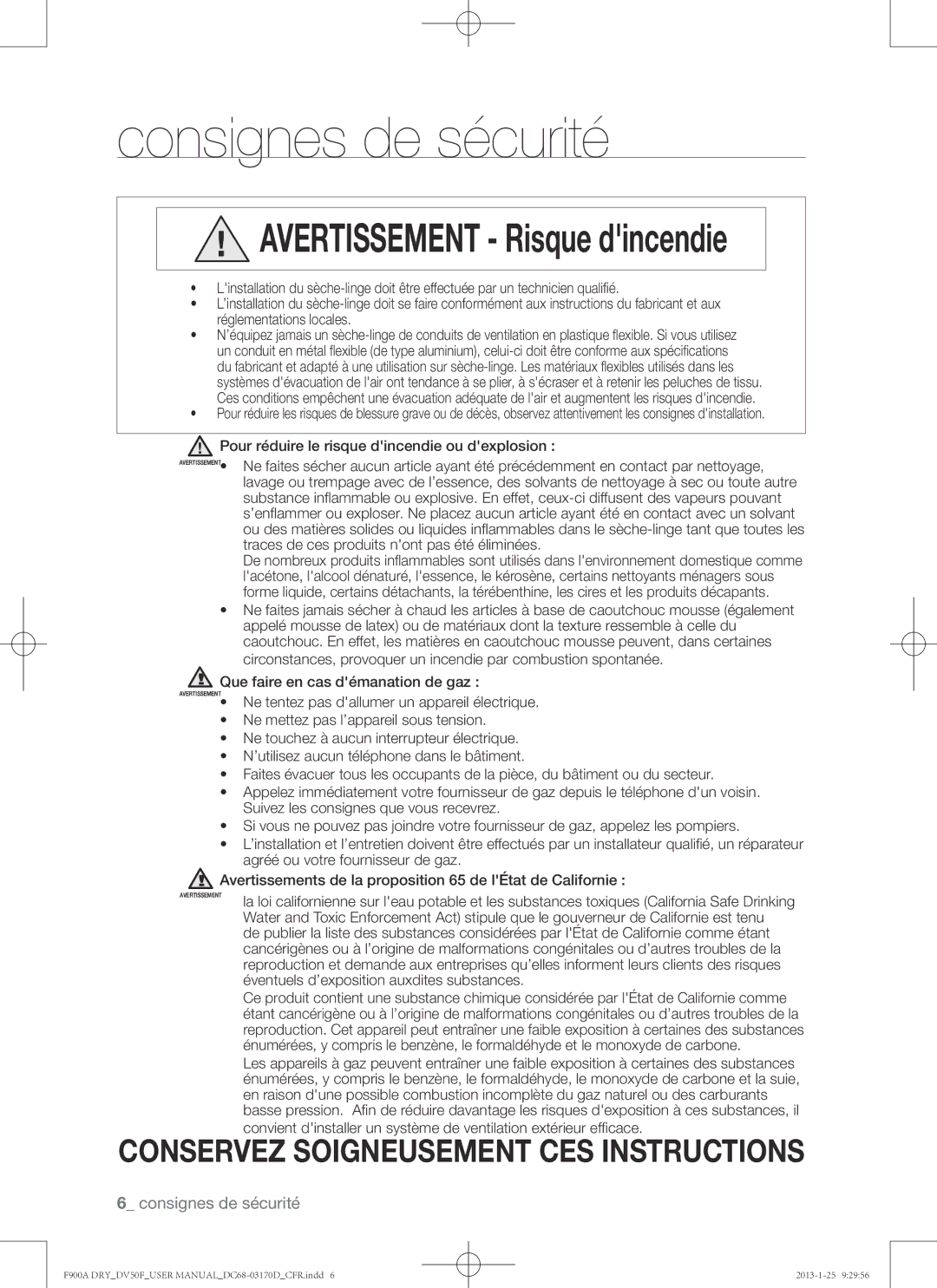 Samsung DV50F9A8EVW, DV50F9A8EVP, DV50F9A8GVW Avertissement Risque dincendie, Éventuels d’exposition auxdites substances 