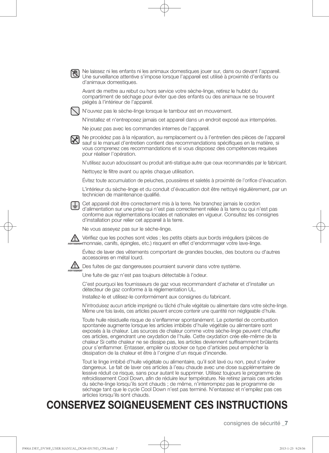 Samsung DV50F9A8EVP, DV50F9A8GVW, DV50F9A8EVW user manual Conservez Soigneusement CES Instructions 