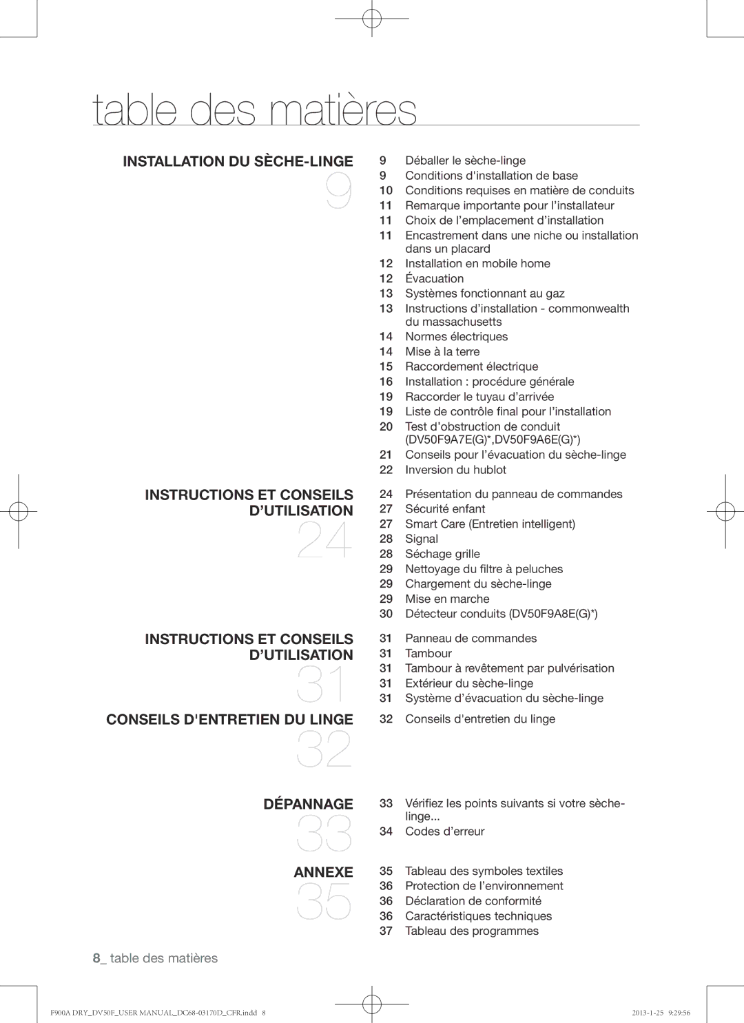 Samsung DV50F9A8GVW, DV50F9A8EVP, DV50F9A8EVW user manual Table des matières 