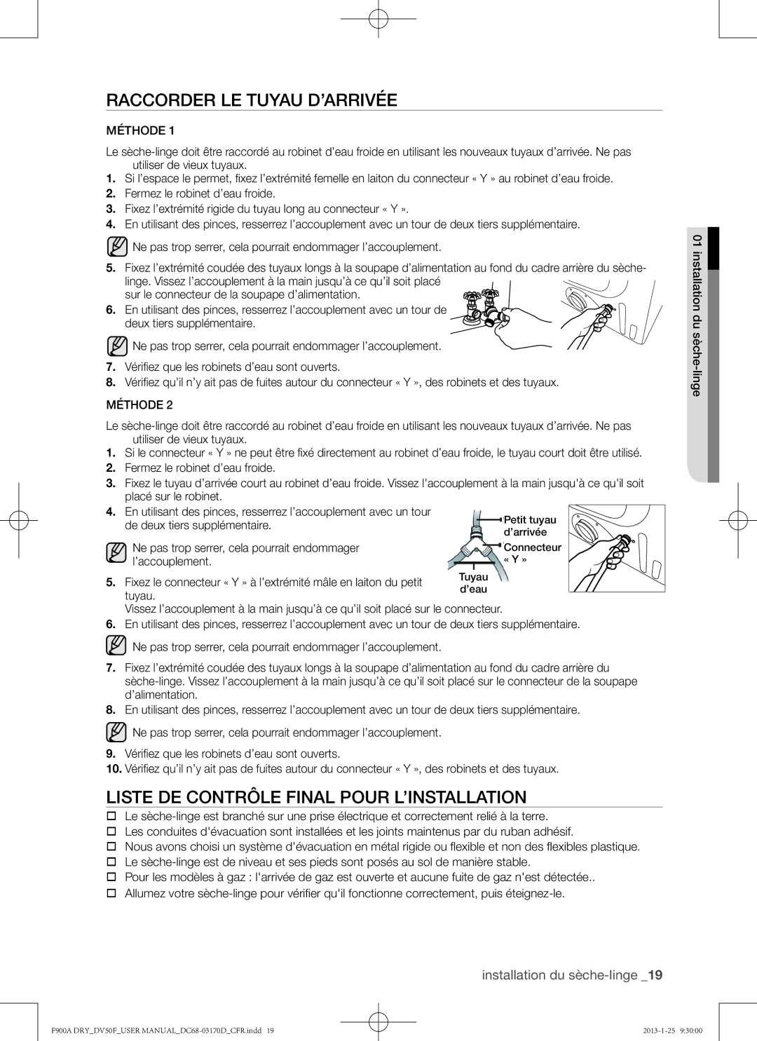 Samsung DV50F9A8EVP Raccorder le tuyau d’arrivée, Liste de contrôle final pour l’installation, Méthode, ’accouplement 