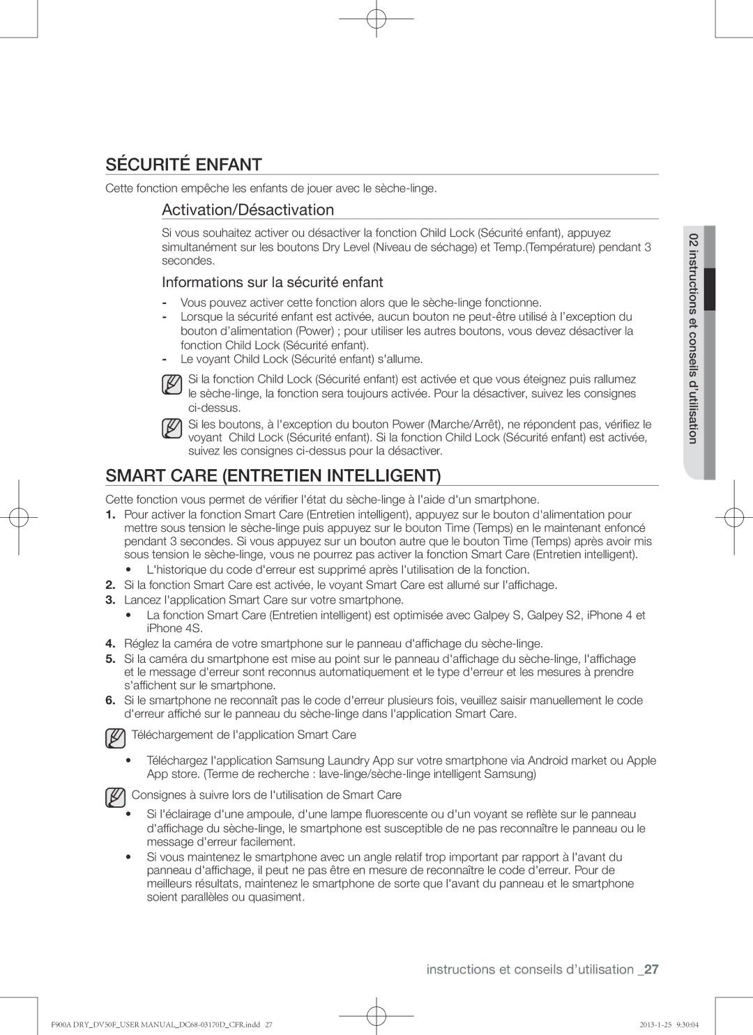 Samsung DV50F9A8EVW, DV50F9A8EVP, DV50F9A8GVW Sécurité enfant, Smart Care Entretien intelligent, Activation/Désactivation 