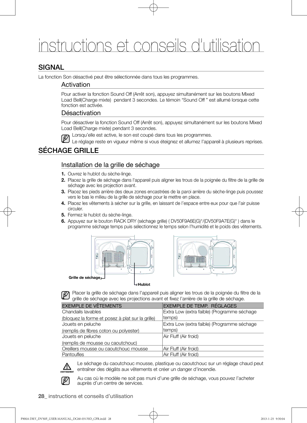 Samsung DV50F9A8EVP, DV50F9A8GVW user manual Séchage grille, Activation, Désactivation, Installation de la grille de séchage 