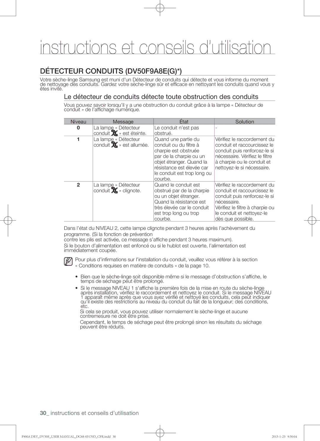 Samsung DV50F9A8EVW, DV50F9A8EVP, DV50F9A8GVW user manual Détecteur conduits DV50F9A8EG 