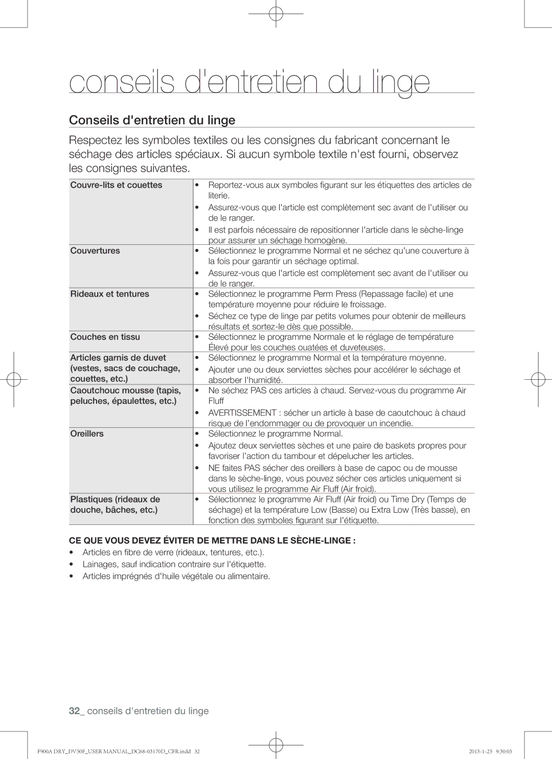 Samsung DV50F9A8GVW, DV50F9A8EVP Conseils dentretien du linge, CE QUE Vous Devez Éviter DE Mettre Dans LE SÈCHE-LINGE 