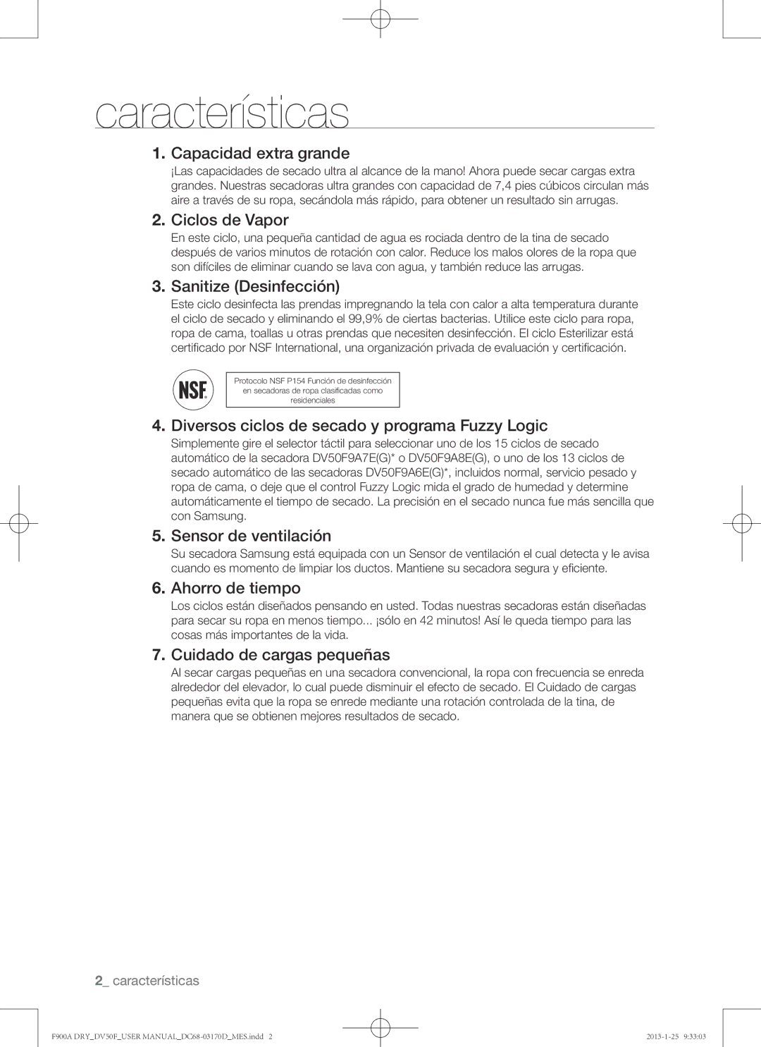 Samsung DV50F9A8EVP, DV50F9A8GVW, DV50F9A8EVW user manual Características 