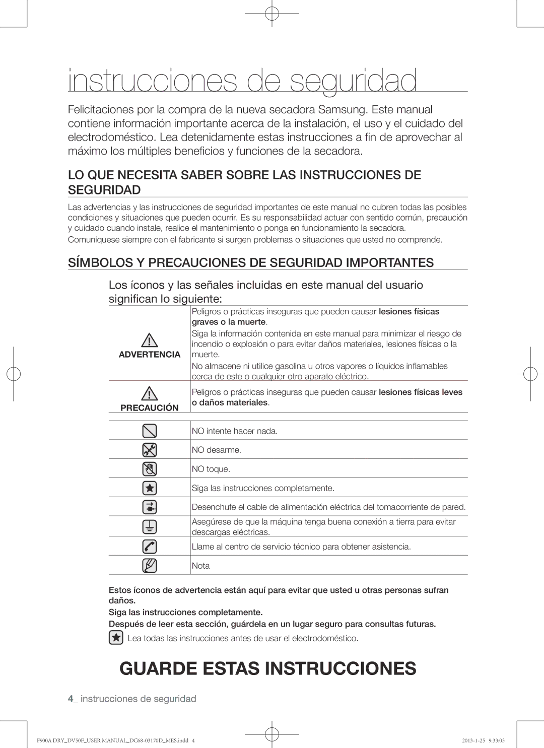 Samsung DV50F9A8EVW, DV50F9A8EVP Instrucciones de seguridad, Lo que necesita saber sobre las instrucciones de seguridad 