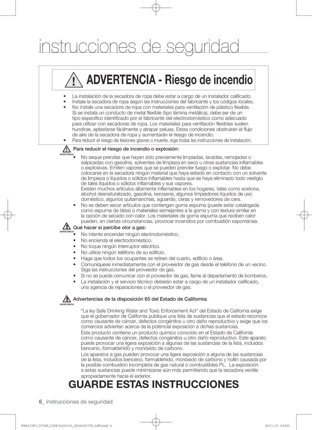 Samsung DV50F9A8GVW, DV50F9A8EVP, DV50F9A8EVW user manual Advertencia Riesgo de incendio 