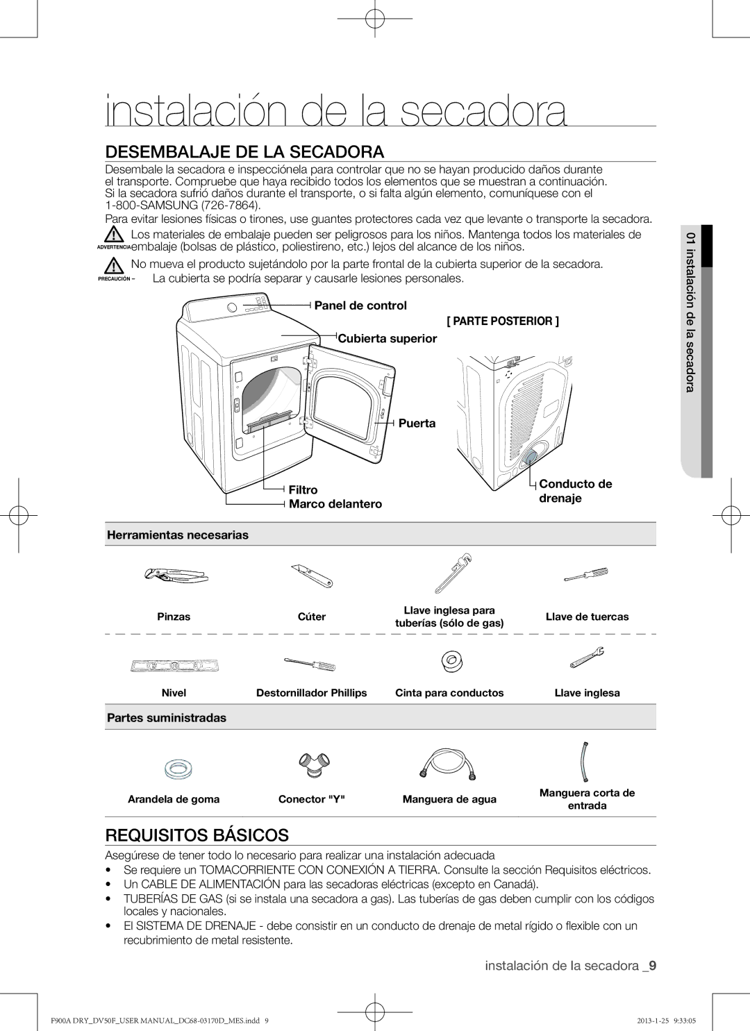 Samsung DV50F9A8GVW user manual Instalación de la secadora, Desembalaje de la secadora, Requisitos básicos, Parte Posterior 