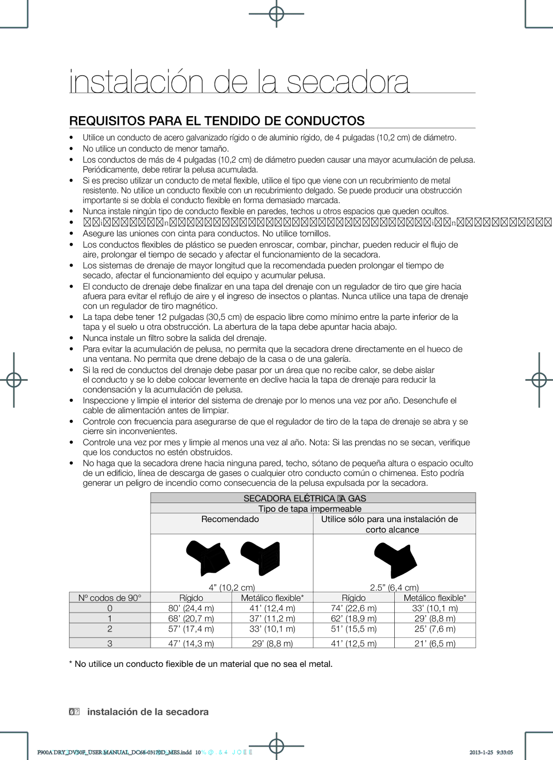 Samsung DV50F9A8EVW, DV50F9A8EVP Requisitos para el tendido de conductos, Secadora Eléctrica Y a GAS, 10,2 cm 6,4 cm 