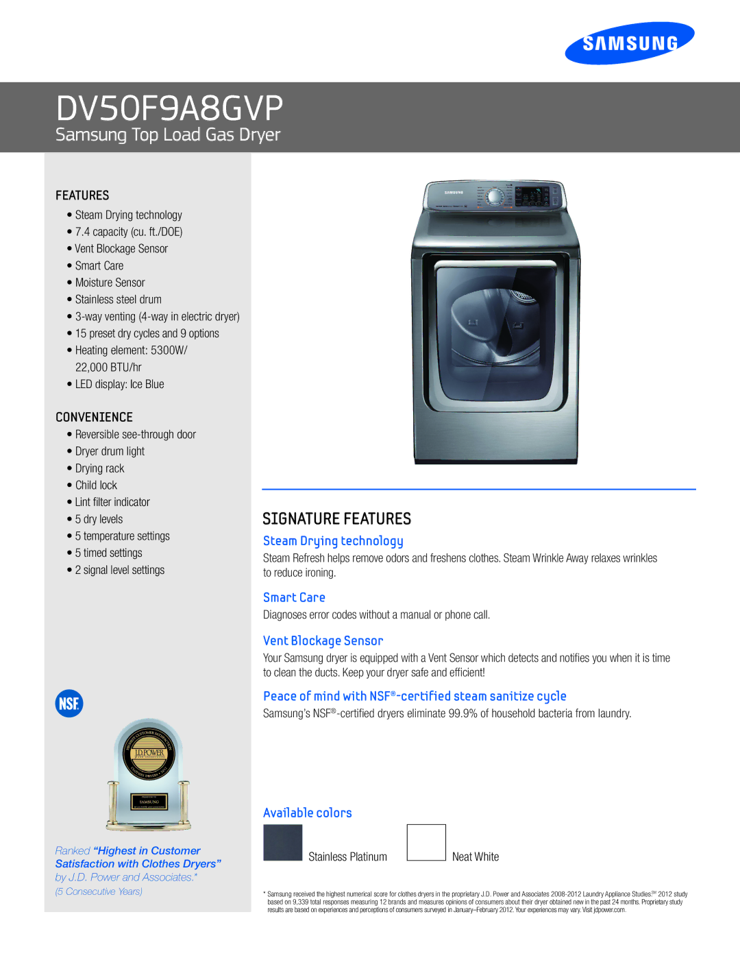 Samsung DV50F9A8GVP manual Features, Convenience 