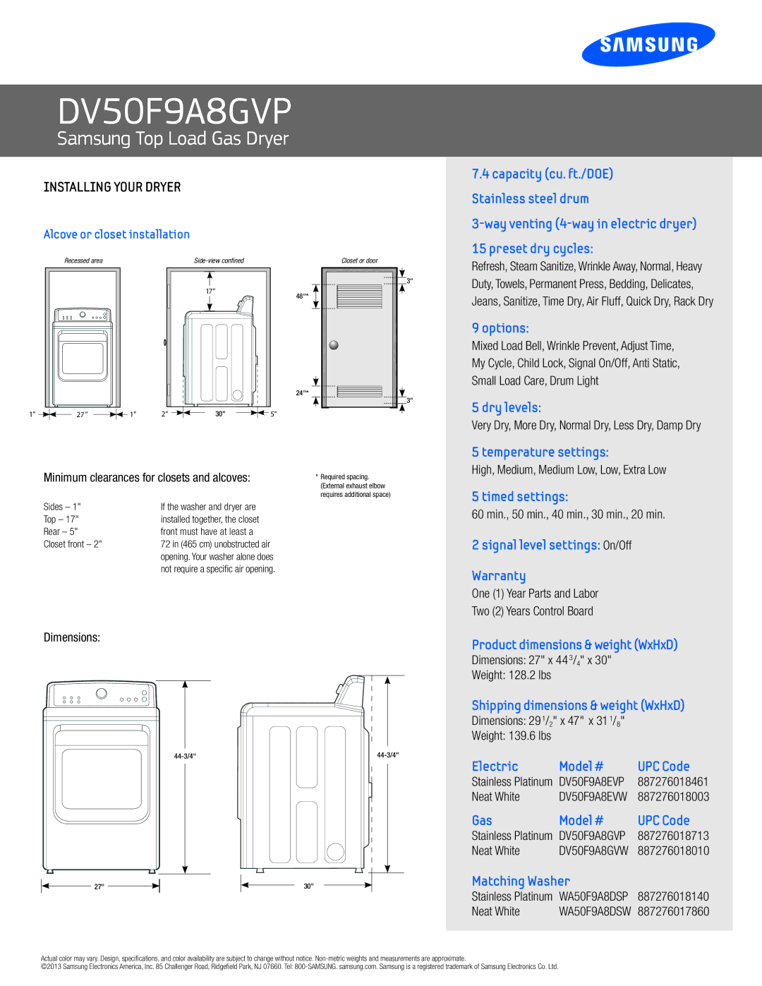 Samsung DV50F9A8GVP manual Installing Your Dryer 