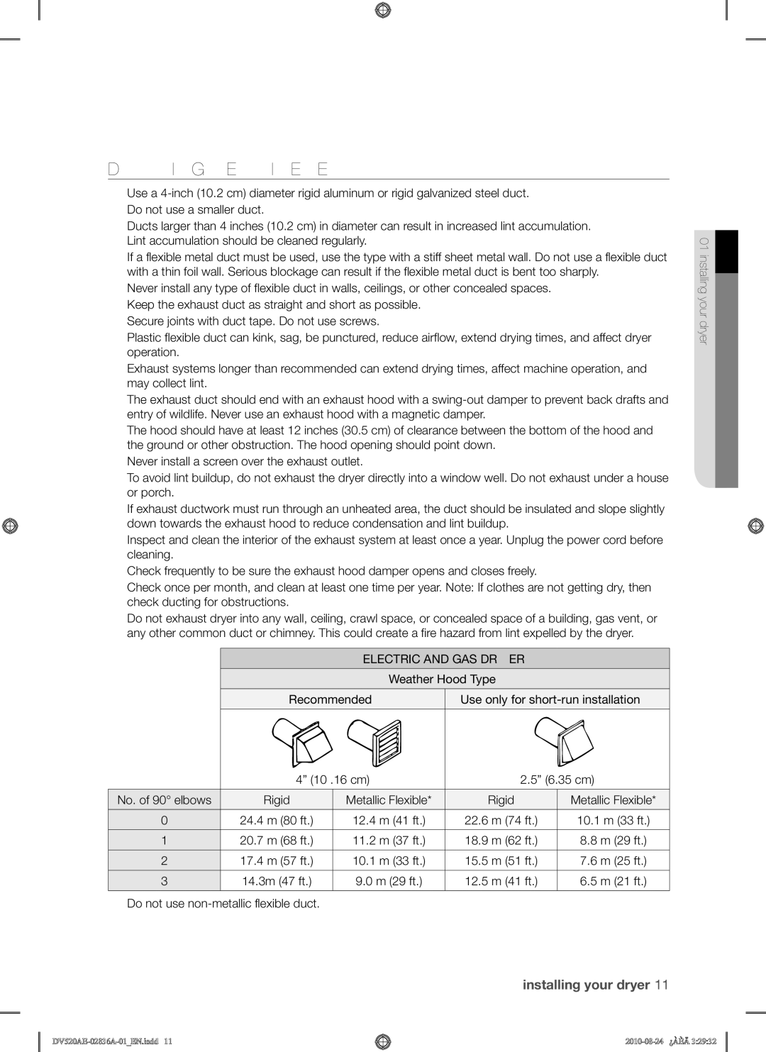 Samsung DV520AE-02836A-01 user manual Ducting Requirements, Electric and GAS Dryer, Weather Hood Type 